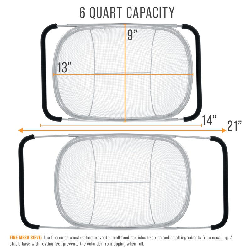 U.S. Kitchen Supply Stainless Steel Colander Strainer - 6-Quart Collapsible Colander with Expandable Rubber Handles - Rectangular Sieve, Fine Mesh Stainless Steel Strainers and Colanders for Kitchen - Image 3